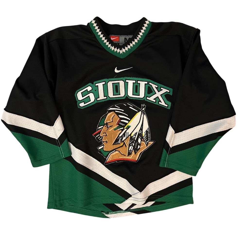 Vintage Nike North Dakota Fighting Sioux Hockey Jersey Aarhus Black Green Medium